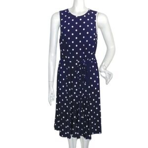 LRL Dress 14 Navy Blue, White Polka Dots, Sleeveless, Sash Belt, Keyhole back